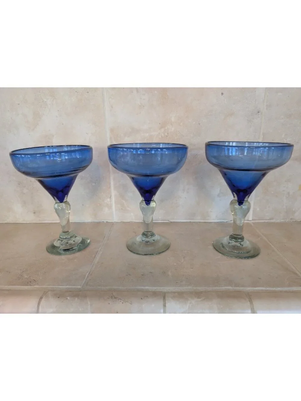 Set of 3 Blue Mexican Artisan Glass Margarita Cocktail Glasses
